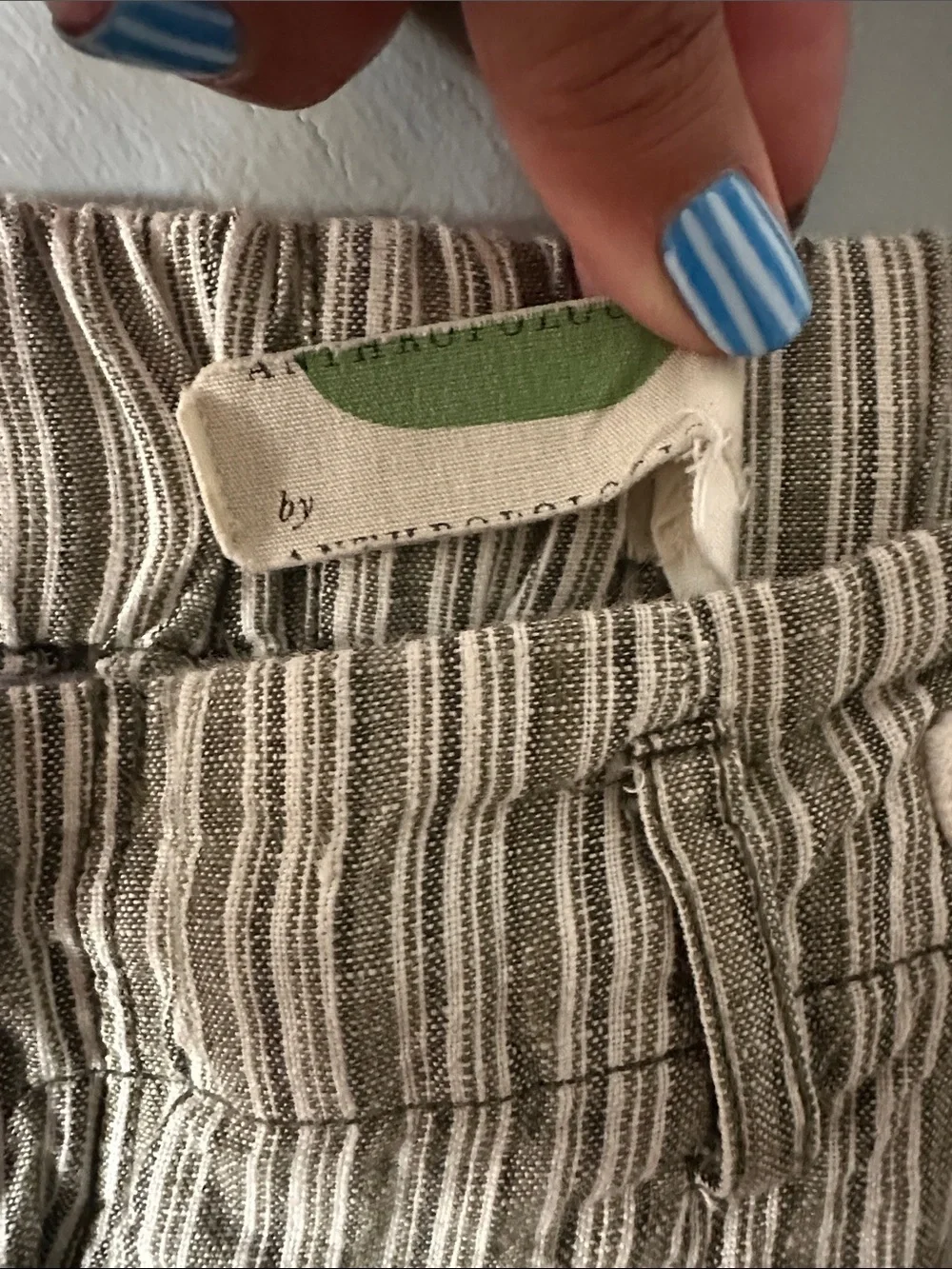 Anthropologie Striped Sage Green 100% Linen Pants Women’s 27 Coastal Boho Beach